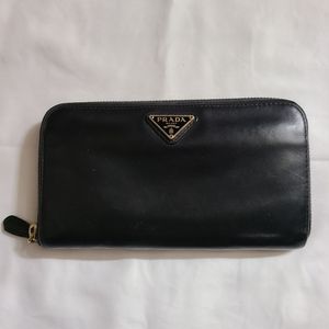 Prada Black Leather Long Zippy Wallet